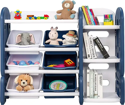 HONEY JOY Organizador de almacenamiento de juguetes para niños de 4 niveles con 6 contenedores, unidad de almacenamiento de juguetes 2 en 1 con