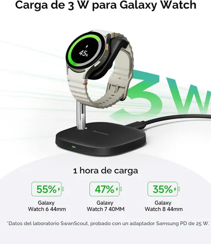 Miniatura 2 de Base de carga SwanScout para Samsung Galaxy Watch 8/8 Classic/Ultra (2025)/7/Ultra/FE/6/6 Classic/5/5 Pro/4/3/Active 2/Active, SwanScout 505S Negro