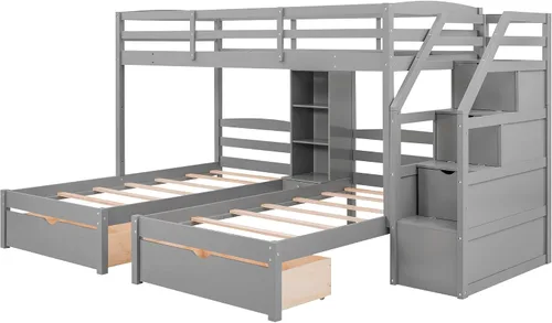 Miniatura 6 de Bellemave Literas triples con escaleras de madera, tamaño individual sobre dos literas individuales con cajones de almacenamiento y estantes