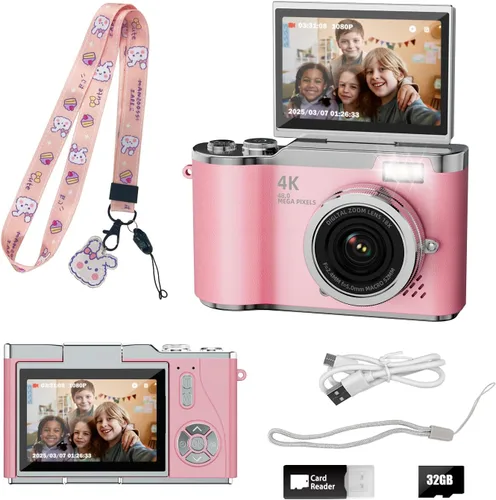 Cámara digital para niños, cámara digital 4K para fotografía, cámara selfie de video HD 1080P de 48MP, con pantalla giratoria de 180° y flash, con