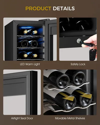 Miniatura 7 de Feelfunn Refrigerador de vino de 12 botellas – Pequeño refrigerador de vino para tinto, blanco, champán, bodega independiente con puerta de vidrio