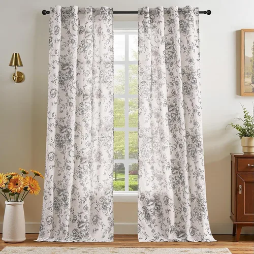Miniatura 68 de Jinchan Cortinas de Mezcla de Lino con Estampado Floral para Sala de Estar, 84 Pulgadas de Largo, Cortinas con Bolsillo para Varilla y Tab Trasera