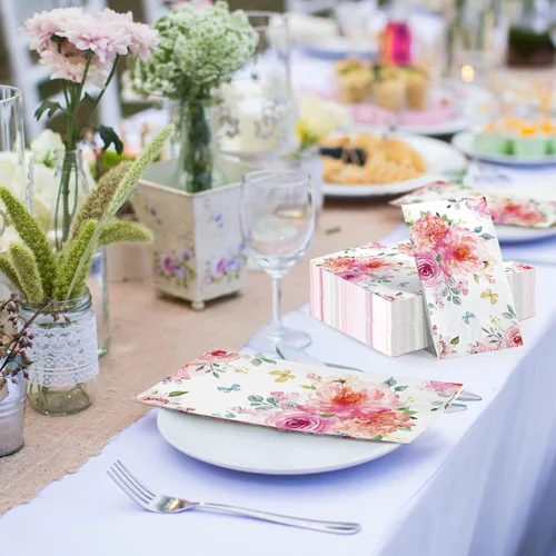 Miniatura 5 de Tatuo 100 servilletas florales de 3 capas de acuarela para cena, servilletas de papel desechables decorativas para bodas, cumpleaños, baby shower