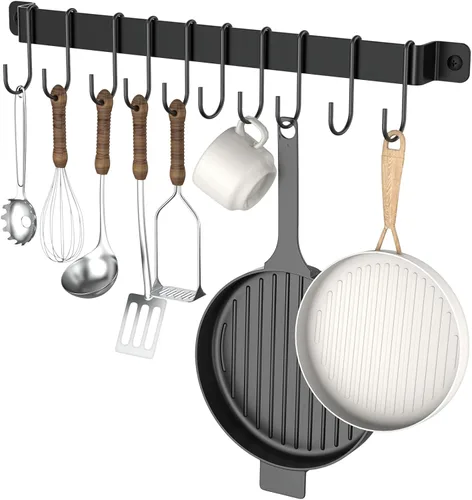 Colgador de cocina montado en la pared con 10 ganchos, riel de cocina de hierro forjado, estante para utensilios, ollas colgantes, sartenes, taza de