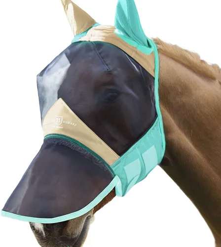 Miniatura 6 de Harrison Howard Pro Luminous Horse Fly Máscara de nariz larga con orejas protección UV para caballo, champán, oro/menta pequeño poni