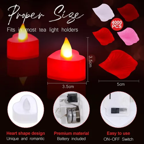 Miniatura 4 de VIHOSE 4000 pétalos de rosa artificiales con 24 velas LED de té, velas LED sin llama, pétalos de rosa falsos para bodas, fiestas de cumpleaños