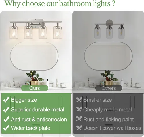 Miniatura 2 de Indoi Lámparas de baño de 4 luces, luces de tocador de níquel cepillado con pantallas de vidrio transparente, moderna lámpara de pared de baño