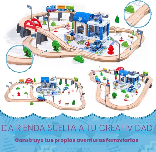 Miniatura 3 de Set de 102 piezas de tren de madera para niños pequeños, pista de tren de madera: ampliable y intercambiable, juguetes de tren educativos seguros