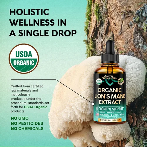 Miniatura 4 de Lions Mane Liquid – Suplemento orgánico de Lions Mane certificado por USDA – Apoyo cerebral, energía, memoria y enfoque – Extracto de hongo Lion's