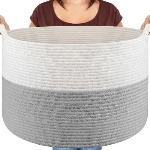 Miniatura 12 de Maliton Cesta grande tejida para manta, 22 x 22 x 14 pulgadas, cesta de almacenamiento para organizar, cesta redonda de cuerda de algodón