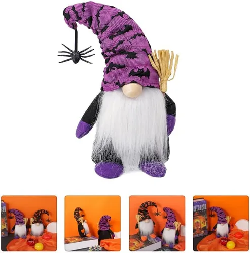 Miniatura 8 de PRETYZOOM Muñeca sin rostro, gnomo de Halloween, decoración de felpa, gnomo de bruja de fieltro suave morado con barba gris, escoba de araña