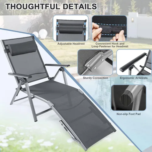 Miniatura 6 de HAPPYGRILL Sillón de aluminio para patio con respaldo ajustable de 8 posiciones, reposapiés de 2 posiciones, cómodo reposacabezas, silla reclinable