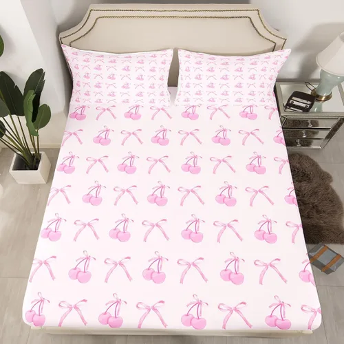 Miniatura 10 de Sábana bajera con lazo azul tamaño individual, juego de ropa de cama de princesa con cerezas, estrellas y flores margaritas de dibujos animados