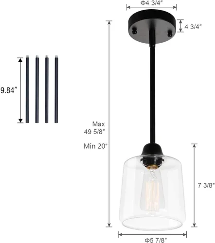 Miniatura 5 de VILUXY Lámpara Colgante de Vidrio Vintage, Iluminación Colgante Individual, Negro con Pantalla de Vidrio Transparente Clásico para Casa de Campo