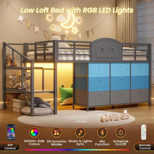 Miniatura 3 de VIAGDO Cama baja tipo loft de tamaño individual con 9 cajones de almacenamiento y luces LED, cama tipo loft de metal individual con almacenamiento