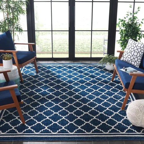 Miniatura 8 de Safavieh Amherst Collection AMT422B - Alfombra para interiores y exteriores, color gris claro y beige Azul marino/beige