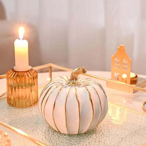 Miniatura 8 de FESTGLOX Decoración de calabaza de otoño, 2 figuras de calabaza falsas de resina de Acción de Gracias, calabazas blancas y doradas para decoración