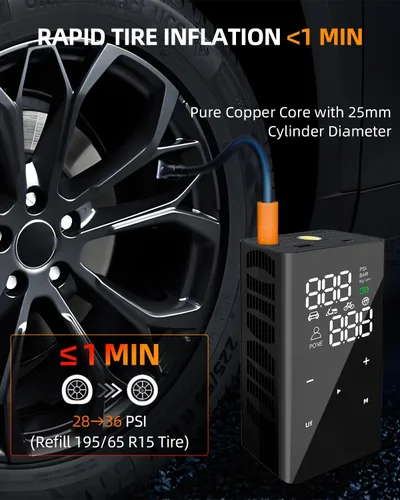 Miniatura 5 de Inflador de Neumáticos Compresor de Aire Portátil, Bomba de Aire Eléctrica Inalámbrica 4 Veces Más Rápida para Neumáticos de Coche con Medidor