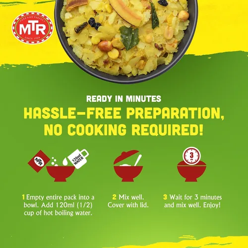 Miniatura 4 de MTR Mezcla de Poha de 3 minutos, comida india lista para cocinar, hecha con copos de arroz, 100% vegetariana, sin conservantes añadidos, conveniente