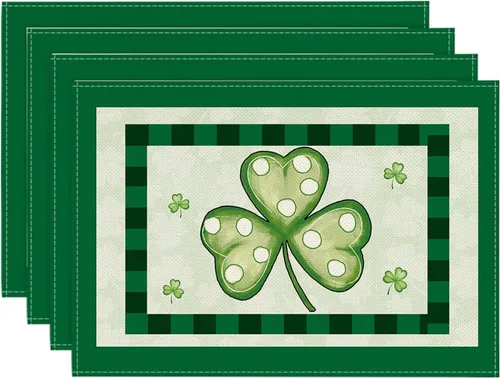 Artoid Mode Juego de 4 manteles individuales verdes con citas del día de San Patricio para mesa de comedor, 12 x 18 pulgadas, trébol de la suerte,
