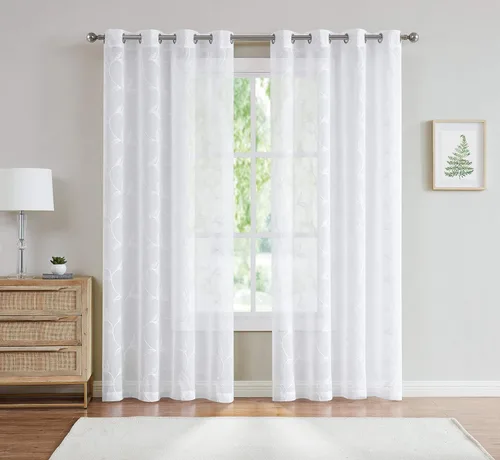 Miniatura 8 de Cortinas LinenZone de piso a techo para ventanas extra anchas. Cortinas transparentes blancas para divisores de habitación con bordado de hojas rosa