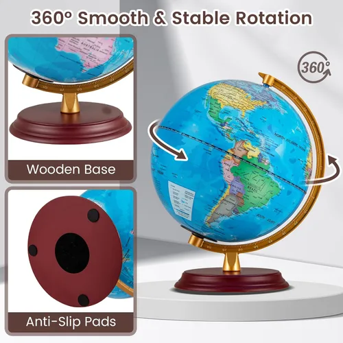 Miniatura 5 de Goplus Globo del mundo iluminado de 8 pulgadas, lámpara de globo iluminado de noche con soporte de madera y mapa HD para adultos, oficina en casa