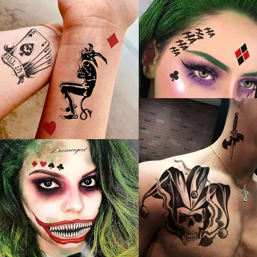 Miniatura 5 de GOROMON Juego de 6 hojas de tatuajes temporales de The Joker para Halloween, calcomanías de tatuajes de bromista de escuadrón suicida para mujeres