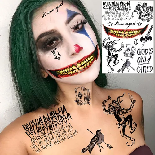 Miniatura 5 de COKTAK Juego de 6 hojas de tatuajes de bromista para Halloween, disfraz de cosplay, HQ payaso Joker tatuajes faciales, tatuajes temporales falsos