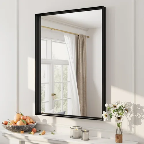 Miniatura 101 de Paquete de 2 espejos de baño con marco de metal negro de 22 x 30 pulgadas, espejo rectangular redondeado negro mate, antioxidante, se cuelga