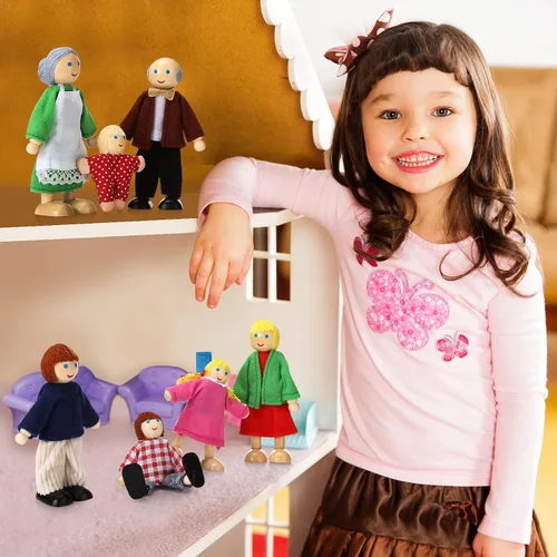 Miniatura 7 de Jzszera Juego de 7 casas de muñecas de madera, mini figuras para juegos de simulación, accesorios clásicos para casa de muñecas para niños y niños