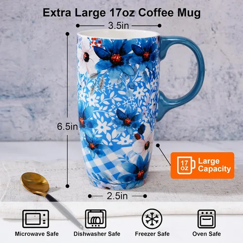 Miniatura 2 de Topadorn Taza de Cerámica para Café de Porcelana Latte Taza de Té con Tapa en Caja de Regalo 17oz, Flores Azules