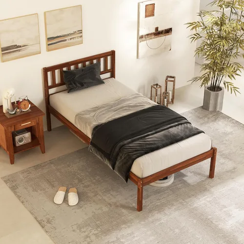 Miniatura 15 de KOMFOTT Marco de Cama de Madera Tamaño Twin con Cabecero, Marco de Cama de Madera Maciza con Soporte de Listones, Almacenamiento Debajo de la Cama