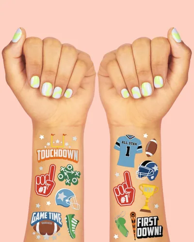 Miniatura 3 de xo, Fetti Tatuajes temporales de fútbol – 60 estilos de aluminio Fiesta de cumpleaños deportiva, suministros de fiesta de equipo de touchdown