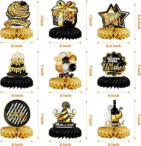 Miniatura 2 de 9 piezas de decoración de mesa de fiesta de cumpleaños, centros de mesa de panal de abeja de oro negro para mesa, decoración de mesa de cumpleaños