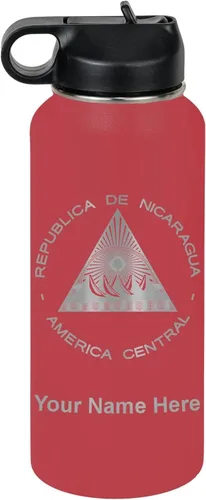 Miniatura 36 de LaserGram Botella de agua personalizada, bandera de Nicaragua, acero inoxidable de doble pared aislada al vacío con popote superior, regalo grabado