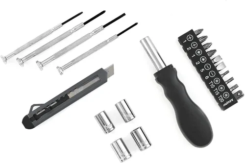 Miniatura 4 de Mini kit de herramientas de 20 piezas en estuche en forma de neumático, juego de reparación compacto de bricolaje con puntas de destornillador