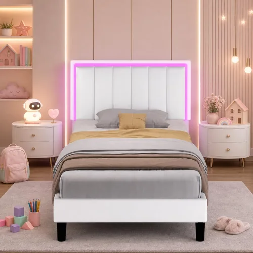 Miniatura 11 de IMMERSTABLE Marco de cama tamaño completo, marco de cama tapizado con luces LED, cama de plataforma con cabecero, soporte de listones de madera
