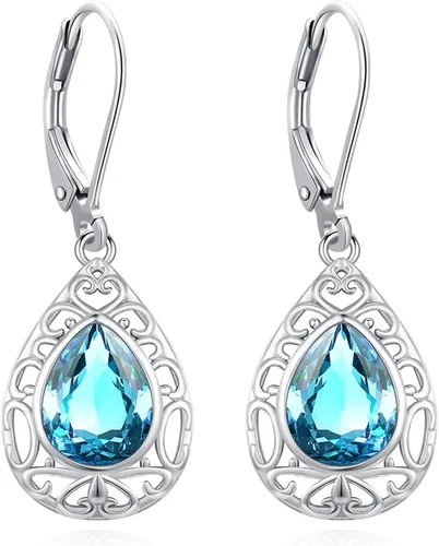 Miniatura 115 de Aretes colgantes de plata de ley con diseño de árbol de la vida, flor, abeja, animales, gato, colibrí, piedra lunar, turquesa, aretes con cierre