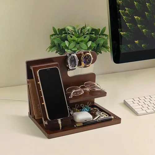 Miniatura 5 de Estación de acoplamiento de madera personalizada para teléfono, mesita de noche, soporte para cartera, organizador de relojes, accesorios