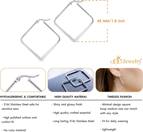 Miniatura 4 de 555Jewelry - Pendientes de aro cuadrado de acero inoxidable para mujer