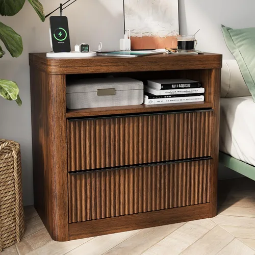 Miniatura 7 de Juego de 2 mesitas de noche acanaladas con cajón, mesita de noche grande y moderna con puerto USB y tomacorriente, mesita de noche de mediados