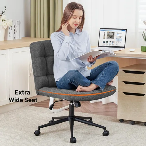 Miniatura 4 de Furniliving Silla de escritorio de oficina sin brazos, silla giratoria acolchada de tela de lino, silla de oficina ajustable en casa con ruedas