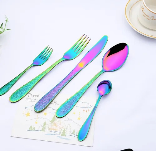 Miniatura 4 de Juego de cubiertos de acero inoxidable 18/10 de 5 piezas, cuchillo de cocina negro, tenedor, cuchara, vajilla para fiesta, cena, cubiertos, servicio