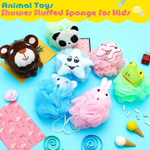 Miniatura 3 de Boao Paquete de 8 esponjas de lufa para niños, lindas esponjas de baño de lufa de dibujos animados, de malla de animales, puf de lufa para niños