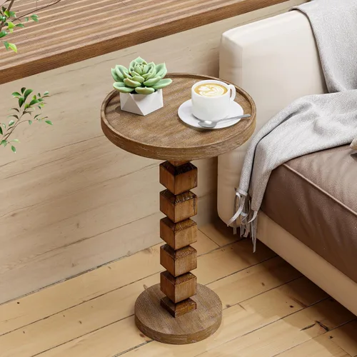 Miniatura 15 de COZAYH Mesa de pedestal rústica tradicional, mesa auxiliar redonda con acabado envejecido estilo granja para espacios pequeños, color marrón oscuro