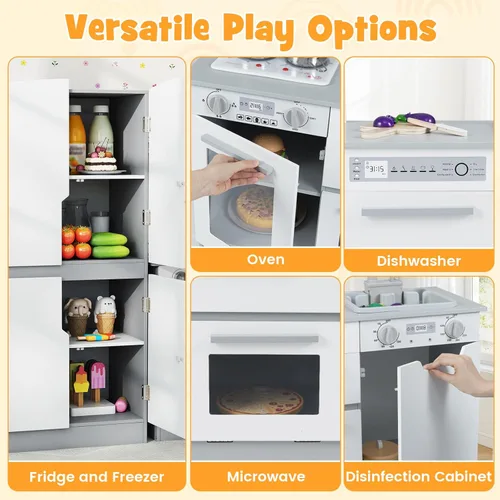 Miniatura 2 de Costzon Juego de cocina para niños, juego modular de madera de 2 piezas con agua corriente, sonido y luz, nevera, lavavajillas, microondas, horno