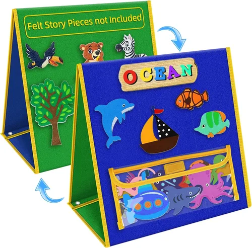 Miniatura 10 de AKAYOK Tablero de fieltro plegable – Tablero de historia de franela de doble cara para aprendizaje preescolar, narración interactiva y juego Rosa