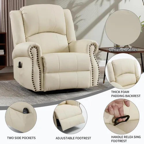 Miniatura 7 de PELUMY Silla reclinable giratoria de cuero transpirable para adultos, balancín giratorio de 360° con masaje térmico y vibratorio, silla de descanso