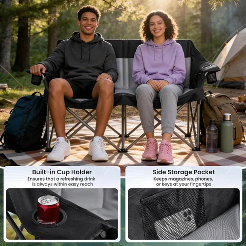 Miniatura 7 de Silla plegable doble de camping para 2 personas, resistente y de gran tamaño, soporta 800 libras con portavasos y bolsillo lateral para campamento