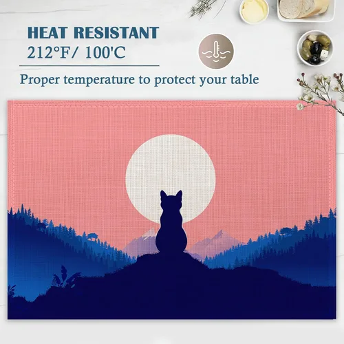 Miniatura 6 de Juego de 4 manteles individuales de lino con diseño de gato en la parte superior de la colina, antideslizantes, resistentes al calor, para comedor